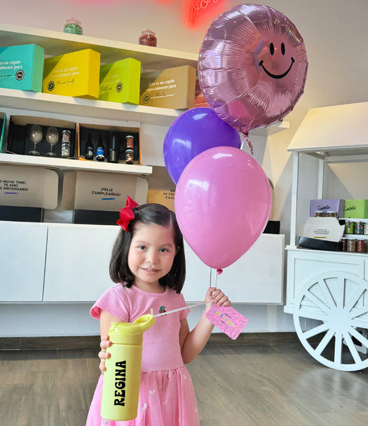 Termo con globos felices.